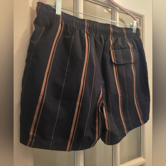 The Kooples Navy Blue & Gold Swim Trunks With Stripes & Zipper Pockets - Picture 11 of 12
